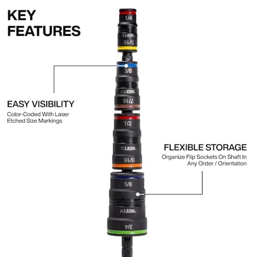 Klein Tools 32934 Impact Driver, 9-in-1 SAE Impact Socket Set, 4 Flip Sockets with 1/4, 5/16, 3/8, 7/16, 1/2, 9/16, 5/8, and 3/4-Inch Nut Driver Sizes with Bit Holder, 6-1/2-Inch Shaft