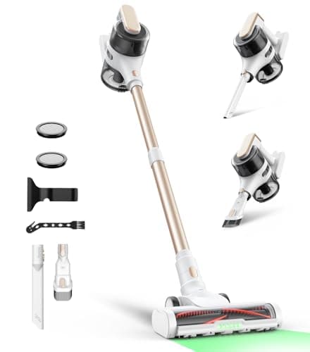 Cordless Stick Vacuum Cleaner for Home, Lightweight Rechargeable Vacuum with 55min Runtime, Powerful Suction, Green LED Headlight, 9-in-1 Pet Hair Carpet & Hardwood Floor Cleaner