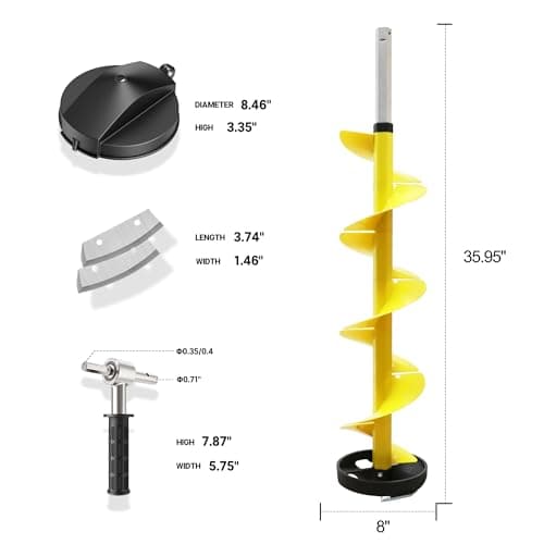 Nylon 8 Inch Ice Auger, 35.95 Inch Extended for Drilling Deep Ice Fishing Holes, Durable Polymer Auger Drill Bit for Ice Post Hole Digger w/Sharp Blade & Cover, Ice Auger Adapter with Handle-Yellow