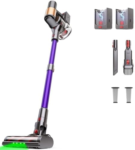 Cordless Vacuum Cleaner, 2 Batteries 120 Mins Runtime 45Kpa 550W, Stick Vacuum with Anti-Tangle Design, Self-Standing, Vacuum Cleaners for Home, Hardwood Floor, Carpet, Pet Hair