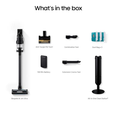 Samsung Bespoke AI Jet Ultra Cordless Stick Vacuum with All-in-One Clean Station, 400AW Powerful Suction, Long Battery Life, Anti-Tangle Pet Tool, 2025, Satin Black, VS90F40DMK/AA