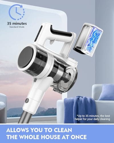Cordless Vacuum Cleaner, 80,000 RPM Motor and Power Filtration, Stick Vacuum with 2200 mAh Battery, 35 Mins Worktime, 2 Modes, Rotated Multi-Heads, Height-Adjustable Vacuum for Home (Gray Nickel)