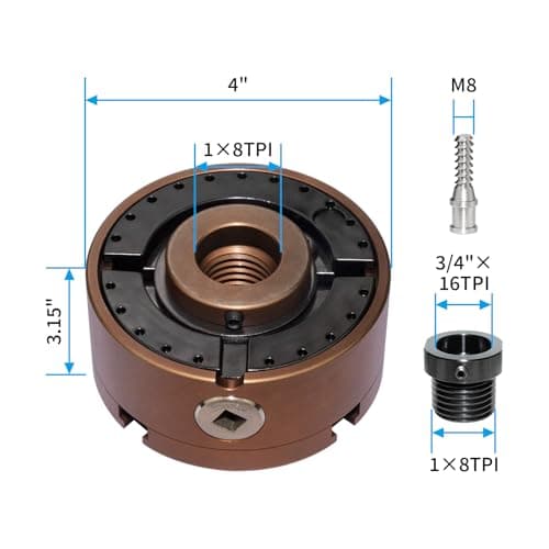 4 Inch Wood Lathe Chuck Set 1"X8TPI Thread & 3/4"X16TPI Adapter, Self-Centering 4 Jaw Wood Turning Chuck