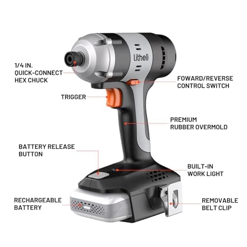 Litheli 20V Cordless Impact Driver, 1593 in-lbs Max Torque, 1/4 in. Hex Power Drill/Driver with Battery (Charger not Included)