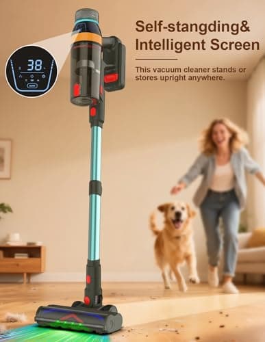 Cordless Vacuum Cleaner,550W/45KP/60Mins Stick Vacuum Cordless Rechargeable for Home/CarPet/Pet Hair/Floor-3 Suction Modes,Smart Screen&Headlight,Self-Standing,Removable Battery,Lighweight,Anti-Tangle
