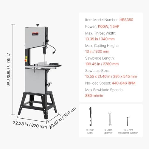 VEVOR Band Saw, 13.39-Inch, Benchtop Bandsaw with Stand, 440-846 RPM Continuously Viable Speed, 1100W 1-1/2HP, 110V, Optimized Work Light, and Miter Gauge, for Woodworking Aluminum Wood Metal Copper