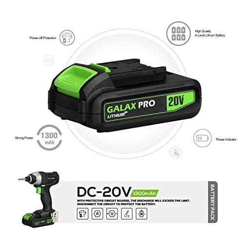 GALAX PRO Impact Driver 20 V Lithium Ion 1/4" Hex Cordless Driver with LED Work Light, 6 Pieces Screwdriver Bits, Variable Speed (0-2800 RPM)- 1.3 Ah Battery and Charger Included
