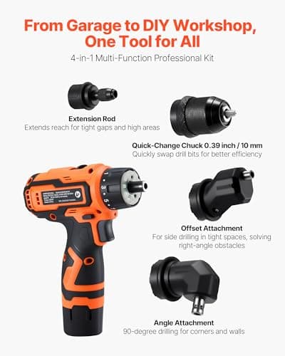 VEVOR Cordless Drill Driver, 5-In-1, Metal Chuck, Dual-Speed Variable, Drill Driver Kit with 2 Lithium Batteries and Charger, Tool Box, for Wood and Metal Drilling, Screw Tightening or Loosening
