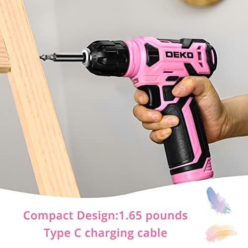 DEKOPRO 8V Cordless Drill, Drill Set with 3/8"Keyless Chuck, 42pcs Acessories, Built-in LED, Type-C Charge Cable, Pink Power Drills for Drilling and Tightening/Loosening Screws