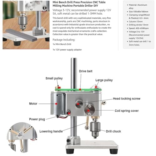 Mini Drill Press, Precision Variable Speed Benchtop Drill Press, Electric Portable Bench Drilling Machine JT0 Chuck CNC 360° Rotating for Metal Wooden DIY Jewelry Making Crafts Tool