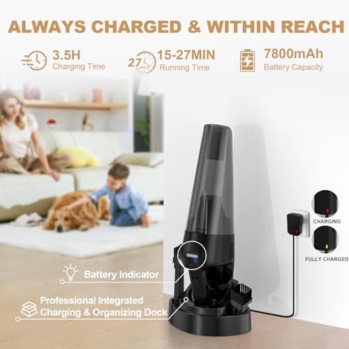 Handheld Vacuum Cordless Rechargeable with Charging Dock - 16000Pa Ultra-Strong Suction, Portable & Lightweight, Fast Charging, LED Light, 0.8L Super-large Dust Cup, Long Battery Life for Home