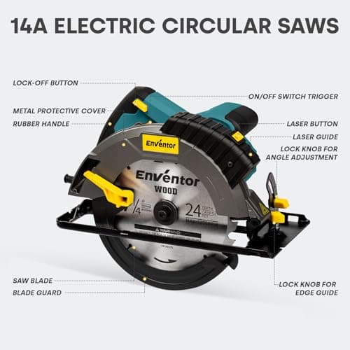 Enventor Circular Saw Corded, 14A Electric Circular Saws 7-1/4-Inch with Laser Guide, 2 Blade Saws (40T/24T), Max Cutting Depth 2-7/16"(90°), 1-13/16"(0°-45°), Single Handed Bevel, 5500RPM, Blue