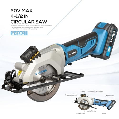 Mini Circular Saw, 4-1/2" 3400RPM Cordless Circular Saw with Laser Guide, Rip Guide, Compact Hand Saw with 2Pcs blades（24T+60T), Max Cutting Depth 1-11/16"(90°), 1-1/8"(45°)