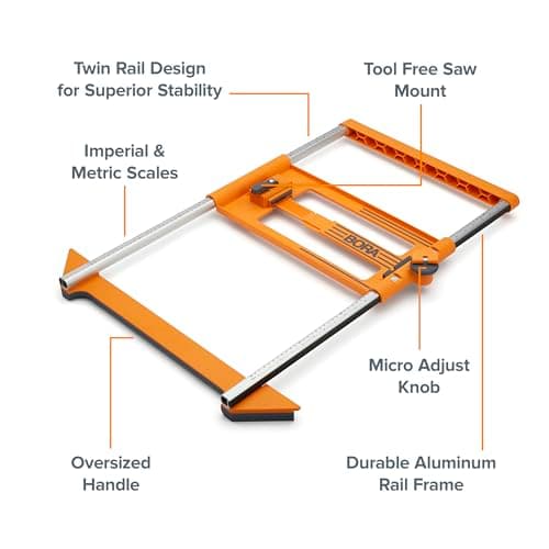 BORA NGX Twin Rail Rip Cut Circular Saw Guide Rail System with Crosscut sled Makes Consistent Straight Repeatable Rip Cuts up to a Half-sheet of Plywood Using a Rip Guide for Circular Saw - 546250