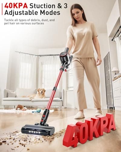 Cordless Vacuum Cleaner, 40Kpa 8-in-1 Vacuum Cleaners for Home, 45Mins Runtime Anti-Tangle Stick Vacuum with LED Display, 3 Modes Suction, Lightweight Vacuum for Hardwood Floor/Carpet/Pet Hair