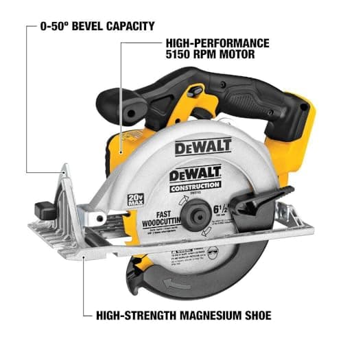 DEWALT 20V MAX Circular Saw, 6-1/2-Inch Blade, 460 MWO Engine, 0-50 Degree Bevel Capability, Battery Not Included - Tool Only (DCS391B)