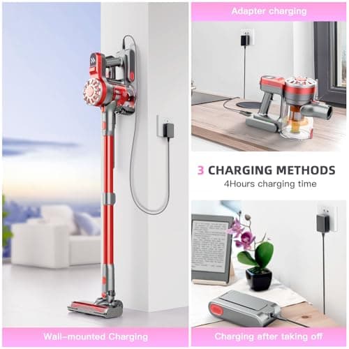 Cordless Vacuum Cleaner,Vacuum Cleaners for Home with Super Suction,Stick Vacuum Cleaner Rechargeable Up to 35 Mins Runtime,Lightweight Hardwood Floor Vacuum for Pet Hair,Carpet(Red)