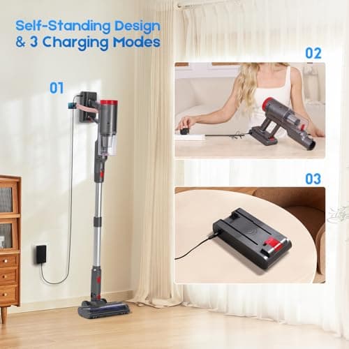 Cordless Vacuum Cleaner, 8-in-1 Powerful Stick Vacuum Cleaners For Home With 35kPa, 35Mins Runtime, 1L Dustbin, Anti-Tangle Rechargeable Self-Standing Vac For Floor Carpet Pet Hair Hardwood Tile car