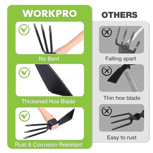 WORKPRO Hoe and Cultivator Garden Rake with 14" Wooden Handle, Sharp Hoe Blade & Sturdy 3 Claw Tiller, 2-in-1 Heavy Duty Gardening Hand Tools for Digging, Loosening Soil, Weeding, Cultivating