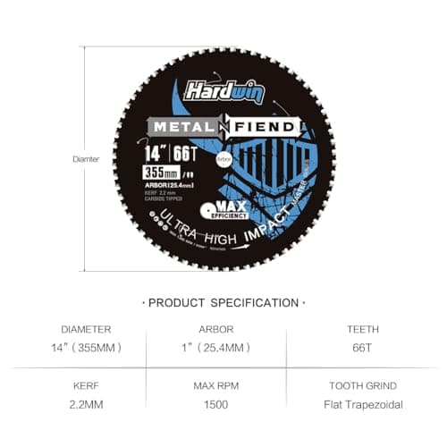 14-Inch Metal Cutting Saw Blade – No Heat, Low Sparks, 66-Tooth Cermet Carbide Tipped, Fits Evolution S14CPS/S15CPS/S355CPS – Thin Kerf for Steel, Angle Iron, Threaded Rod, 1-Inch Arbor