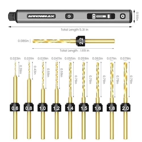 AM ARROWMAX Mini Drill Pen, 5-Speed, LED Lights, OLED Display, Aluminium Box, Resin Drill Set With 10 Small Bits, 3/32-Inch Shank, For Jewelry Making, Wood, Plastic