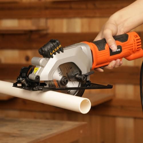 4Amp 3500RPM Mini Circular Saw with Laser Guide, Vacuum Adapter, Blade Wrench and Rip Guide, Max. Cutting Depth1-5/8"(90°), 1-1/10"(45°）Compact Saw with 2 pcs 4-1/2" 24T TCT Blades