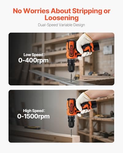 VEVOR Cordless Drill Driver, 5-In-1, Metal Chuck, Dual-Speed Variable, Drill Driver Kit with 2 Lithium Batteries and Charger, Tool Box, for Wood and Metal Drilling, Screw Tightening or Loosening