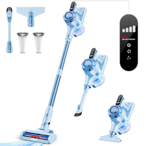 Cordless Vacuum Cleaner, 8-in-1 Lightweight Stick Vacuum with 45mins Runtime, Powerful Suction, Rechargeable Cordless Vacuum for Carpet, Tile, Pet Hair, Hardwood Floors, Blue