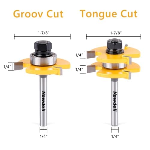 Newdeli Tongue and Groove Router Bit Set 1/4 Inch Shank - 2pcs Router Bits for 3/4" Stock, 1/2" Cutting Depth - T Shape 3 Teeth Wood Milling Cutter Woodworking Tool