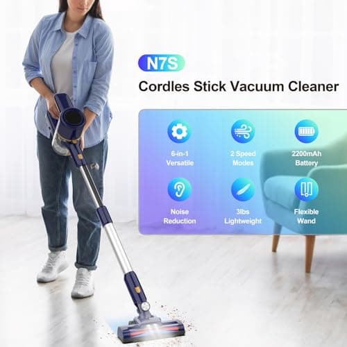 Cordless Vacuum Cleaner, 6-in-1 Multifunction Cordless Vacuum, 210W Powerful Vacuum Cleaner, 6 Cell 2200mAh Stick Vacuum Cordless Rechargeable for Home (Indigo)