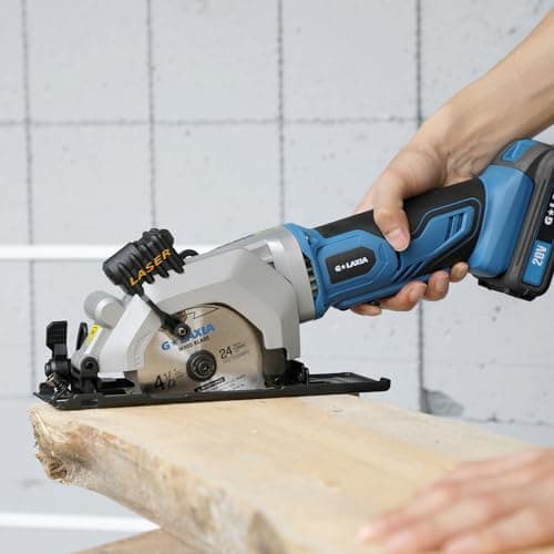 Mini Circular Saw, 4-1/2" 3400RPM Cordless Circular Saw with Laser Guide, Rip Guide, Compact Hand Saw with 2Pcs blades（24T+60T), Max Cutting Depth 1-11/16"(90°), 1-1/8"(45°)
