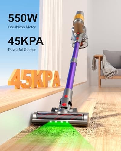 Cordless Vacuum Cleaner, 2 Batteries 120 Mins Runtime, 550W 45KPA Stick Vacuum with Self-Standing, Tangle-Free Brush, LED Display, Vacuum Cleaner for Home Hardwood Floor, Carpet, Pet Hair