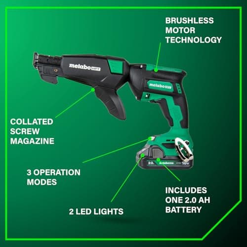 Metabo HPT 18V MultiVolt Cordless Drywall Screw Gun Kit, High-Speed Power Screwdriver with Collated Screw Magazine, 2.0Ah Lithium-Ion Battery and Charger, Lightweight Ergonomic Design, W18DAQB