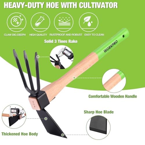 WORKPRO Hoe and Cultivator Garden Rake with 14" Wooden Handle, Sharp Hoe Blade & Sturdy 3 Claw Tiller, 2-in-1 Heavy Duty Gardening Hand Tools for Digging, Loosening Soil, Weeding, Cultivating