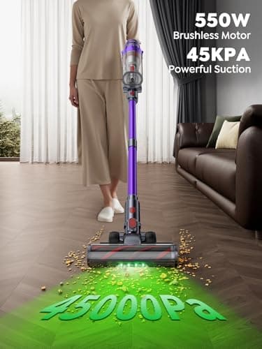 Cordless Vacuum Cleaner, 550W 45KPA 60 Mins Runtime Vacuum Cleaners for Home, Stick Vacuum with Self-Standing, Wall Mount Charging and Intelligent Auto Mode, Handheld Vacuum for Pet Hair/Carpet/Floor