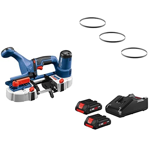 BOSCH GCB18V-2N 18V Compact Band Saw (Bare Tool) + BOSCH CBS1418 3 Pc. 28-7/8 In. 14-18 TPI General-Purpose Portable Band Saw Blades + GXS18V-11N25 CORE18V Starter Kit - (2) 4.0 Batteries & Charger