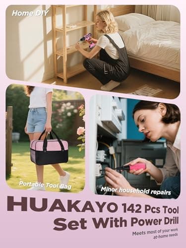 Pink Cordless Drill Set 142 Pcs, 21V Pink Power Drill Tool Set Kit with Storage Bag, Electric Drill Set for Women, Precision Screwdriver set, Magnetic Wristband, for Home DIY Projects
