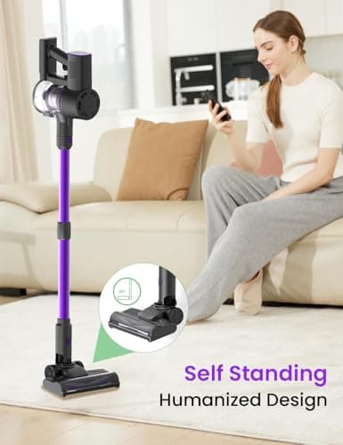 Cordless Vacuum Cleaner, 6-in-1 Lightweight Stick Vacuum, Self-Standing, 35Mins Runtime,2200mAh Rechargeable Battery,LED Screen,Powerful Vacuum Cleaners for Home Hardwood Floor Carpet Pet Hair(Purple)