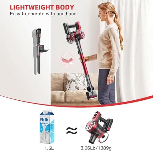 Cordless Vacuum Cleaner,Vacuum Cleaners for Home with Super Suction,Lightweight Stick Vacuum with 35 Mins Runtime,Rechargeable Cordless Vacuum for Carpet, Tile, Pet Hair, Hardwood Floors(Dark Red)