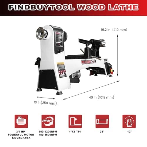 FINDBUYTOOL Wood Lathe, 12" x 21" Benchtop Variable Speed Midi Wood Lathe Machine, 3/4 HP, 6 AMP Motor, 2 Rotational Speed Range Settings (300-3500 RPM), Wood Lathe Machine