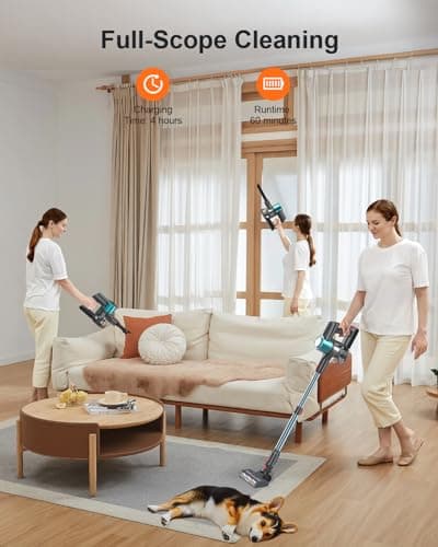 Cordless Vacuum Cleaner, 60 Mins Runtime Vacuum Cleaners for Home, Stick Vacuum Self-Standing, Wall Mount Charging, 3 Mode Handheld Vacuum for Pet Hair/Carpet/Floor