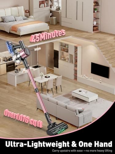 Cordless Vacuum Cleaner, 10-in-1 Vacuum Cleaners for Home with 28.75 in Hose, LED Display, Anti-Tangle Brush, Lightweight Stick Vacuums for Carpet, Pet Hair, Hardwood Floors, Dryer (Pink)