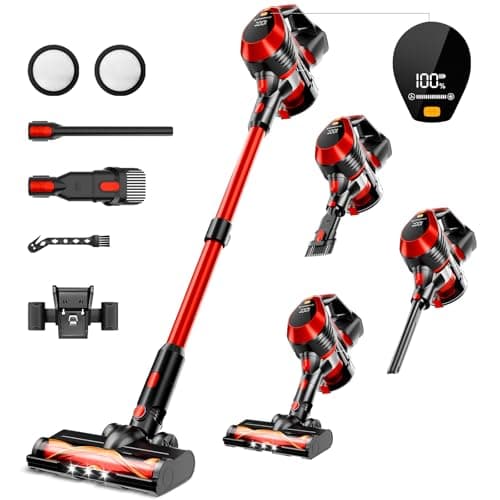 Cordless Vacuum Cleaner - Lightweight, 35Kpa Home Stick Vacuum, Smart Display & Removable Battery, Up to 45 Mins, 8 in 1 Portable Handhled Vacuum, Wall Mount Charging for Hardfloor, Carpet Red