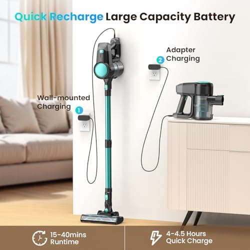 N3T Cordless Vacuum Cleaner,Wireless Stick Vacuum with 40mins Runine,Self-Standing,Anti-Tangle Brush,Rechargeable Lightweight Vacuum Cleaner for Home,Hardwood Floor,Pet Hair, Carpet-Green