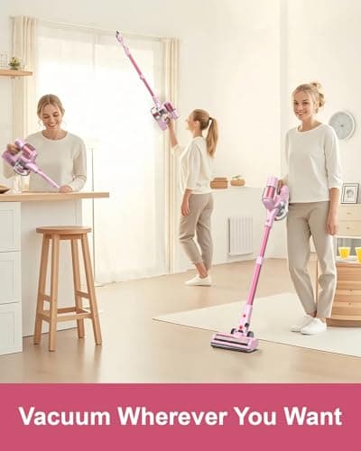Pink Cordless Vacuum Cleaner, 45Kpa/550W/60 Mins Runtime Stick Vacuum with Self-Standing and Touch Screen, Anti-Tangle Wireless Vacumm, Vacuum Cleaners for Home/Pet Hair/Carpets/Floors