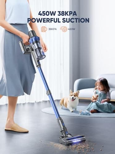 Cordless Vacuum Cleaner, 450W 38KPA Stick Vacuum with Intelligent Auto Mode, Color Touch Display, Up to 55Mins, Rechargeable Cordless Vacuum for Hardwood Floor Carpet Pet Hair, Blue