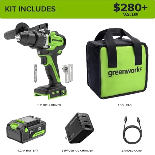 Greenworks 24V Cordless Brushless 800 in-lbs Drill/Driver, Professional Grade,21 Clutch, 4.0Ah USB-C Battery (24,000mAh Power Bank),65W USB-C Fast Charger(3-Port) and USB C to USB C Cable(3.3FT)