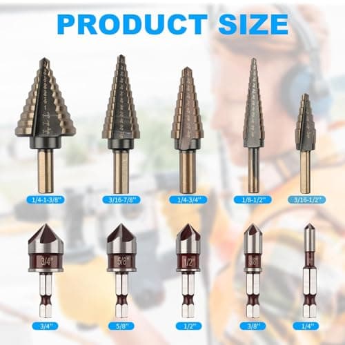 Rocaris 5 Pack Step Drill Bit & 5 Pack Countersink Drill Bit Set, Titanium Coated, 50 Sizes of Step Bit for Metal with Aluminum Case, Multiple Hole Stepped Up Bits for DIY