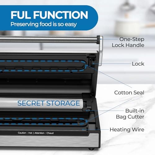 90Kpa Food Vacuum Sealer, Stainless Steel Vacuum Sealer Machine for Food with Double Heat Seal & Double Pump, Food Sealer Dry/Moist/Liquid Modes, Roll Storage and Cutter, Easy-Lock Handle and Clean