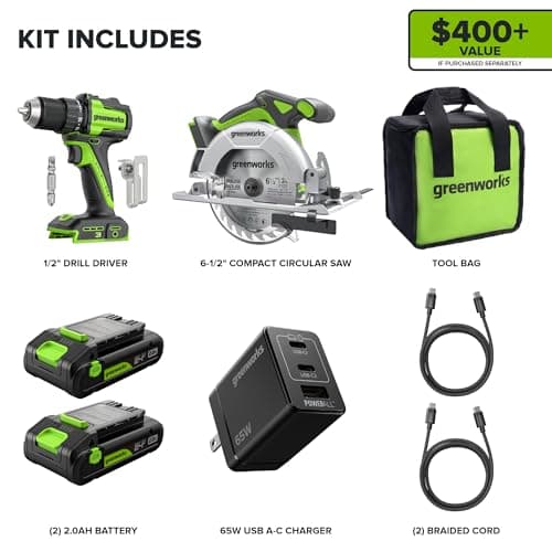 Greenworks 24V Cordless Brushless 400 in-lbs Drill/Driver + 6.5" Circular Saw, 4,800 RPM, Cutting Depth 45°/90° (2) 2.0Ah USB-C Batteries(12,000mAh Power Bank) and 65W USB-C Fast Charger(3-Port)